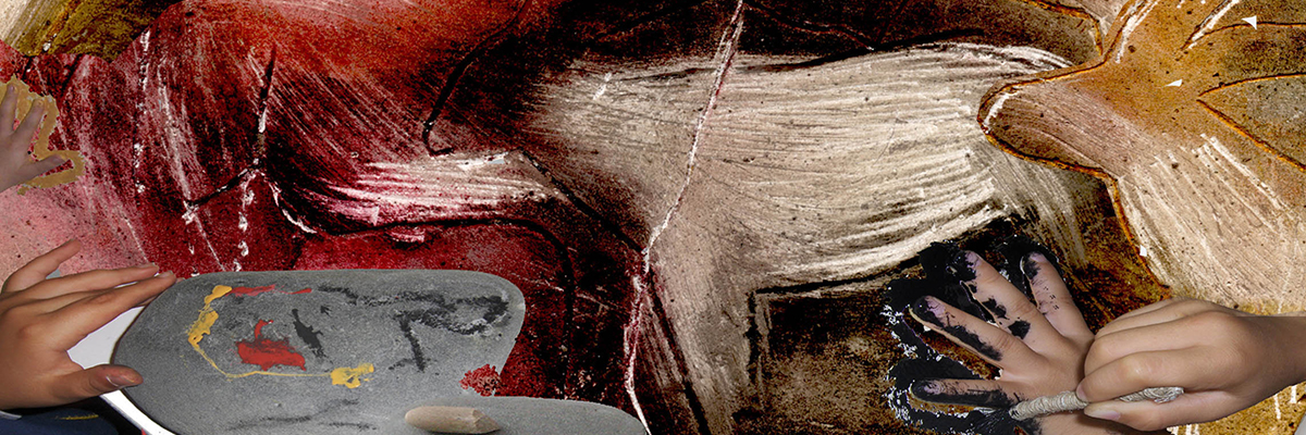 Pinturas infantis inspiradas na arte rupestre pré-histórica.